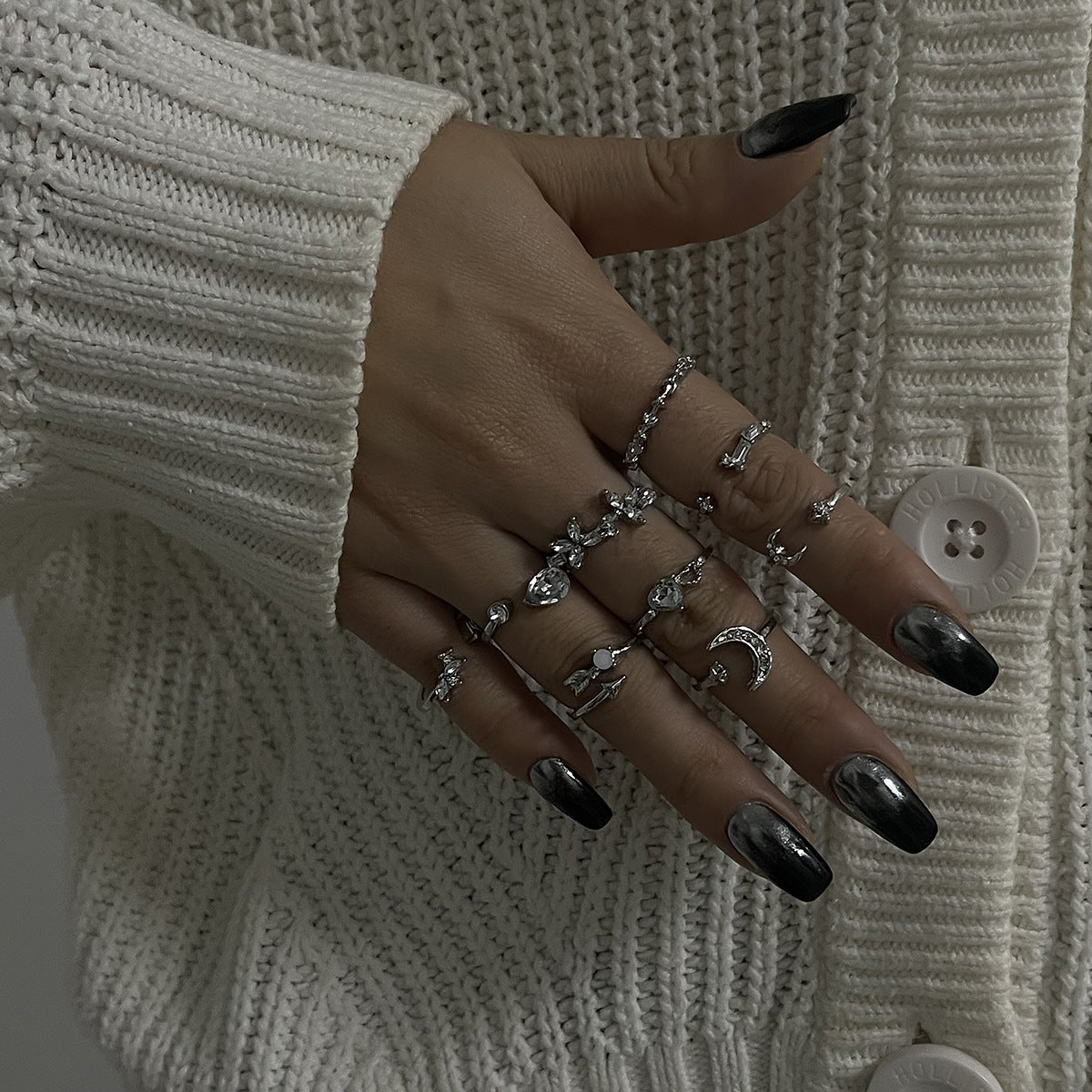 Anello geometrico da donna minimalista stile francese in lega con intarsio in strass e finitura placcata, set di anelli impilabili alla moda