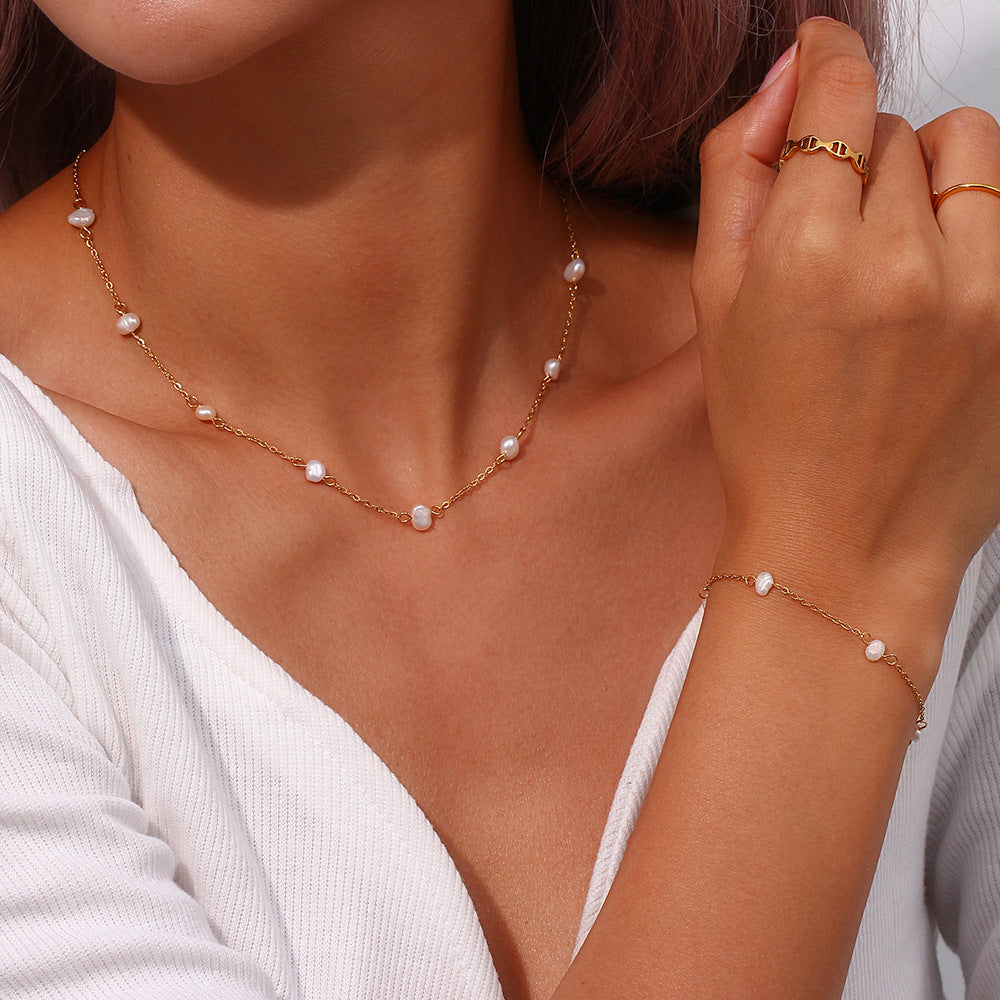 Minimalist Geometric Stainless Steel Pendant Necklace with Freshwater Pearl and Plated Titanium Steel Charm for Women