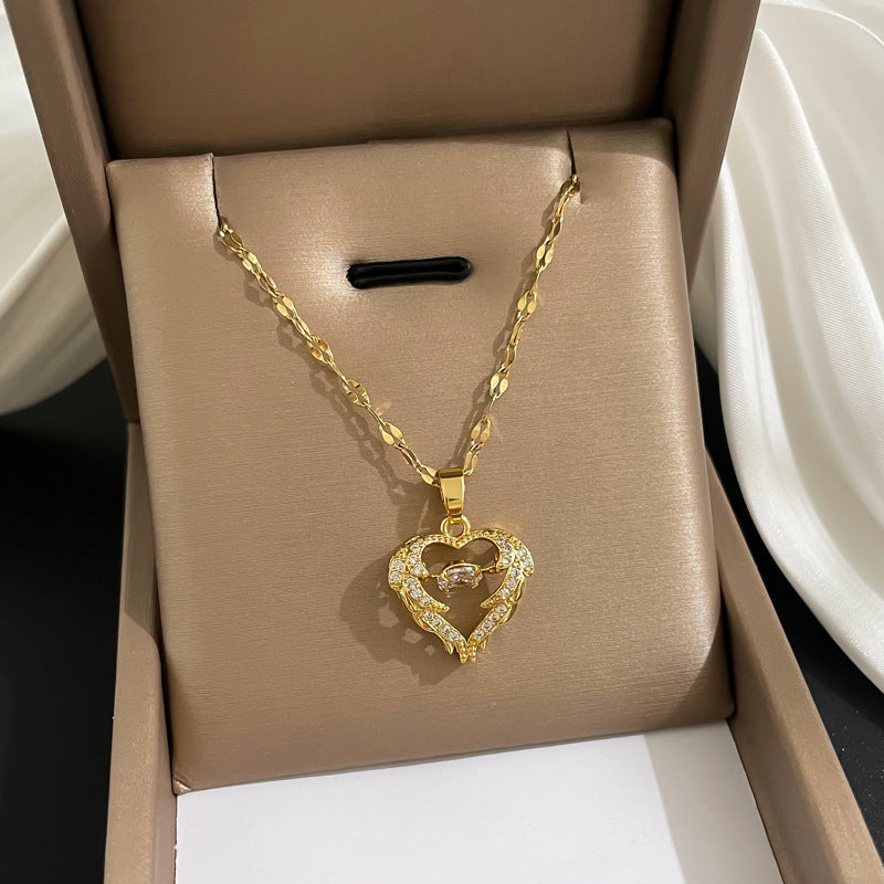Minimalist Geometric Titanium Steel Necklace with Gold Plated Brass Pendant and Rhinestone Inlay