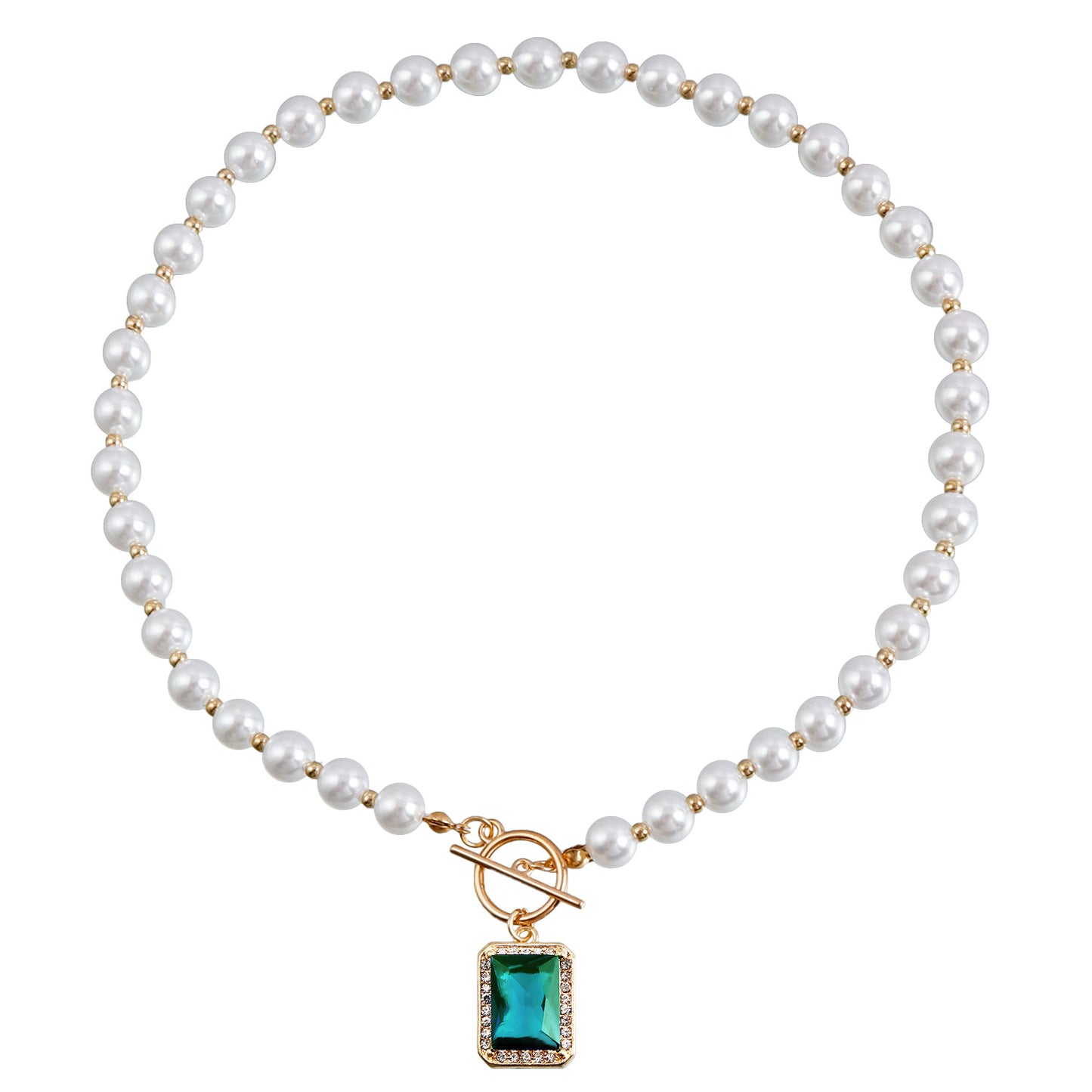 Fashion Minimalist Geometric Rectangle Pearl-Style Pendant Necklace with Rhinestone Accents on Clavicle Chain
