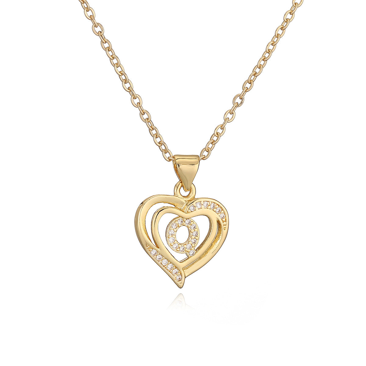 Collana con Pendente Minimalista in Rame, Placcatura in Oro 18K e Dettagli in Zircone a Forma di Cuore e Lettera per Donne