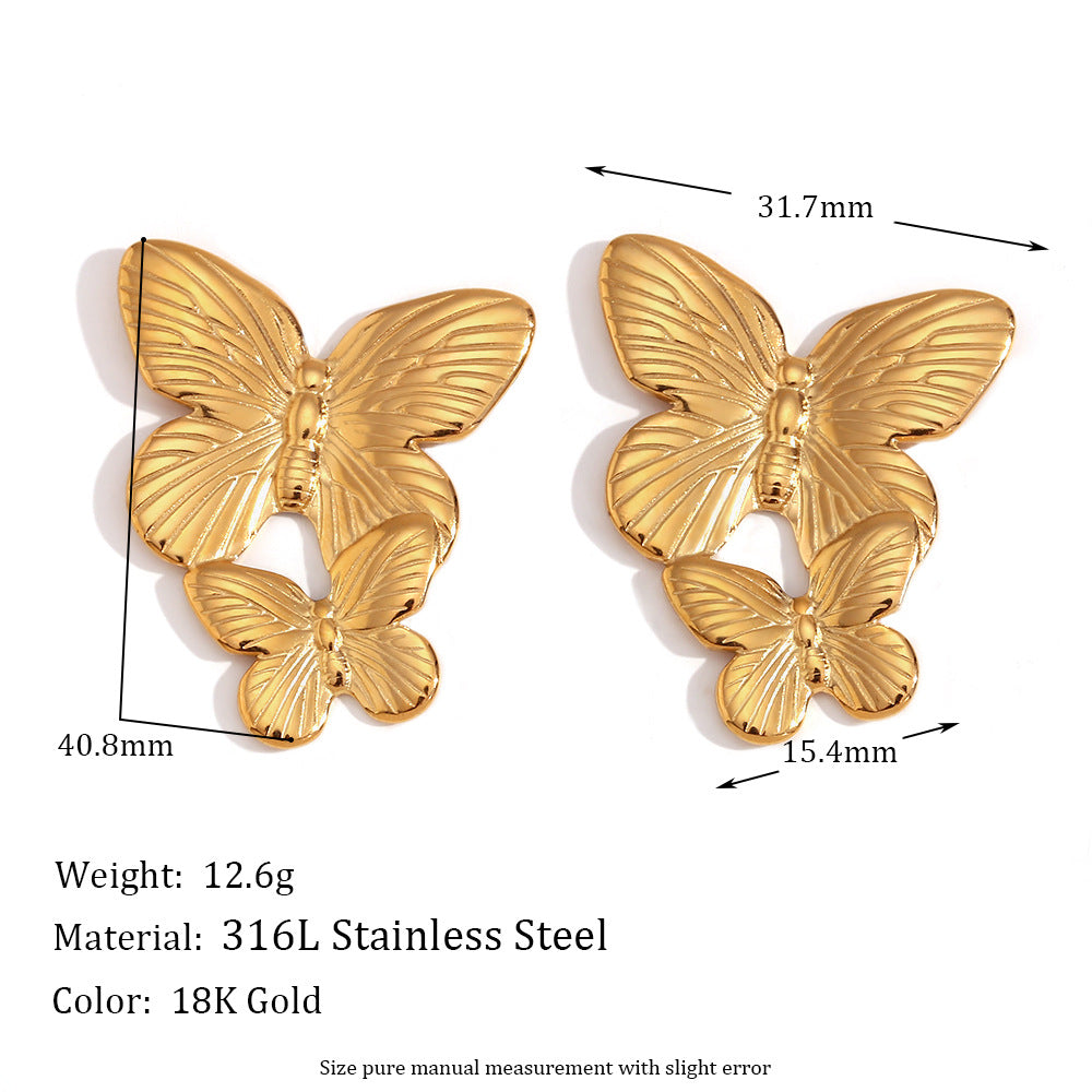 Pendientes de mariposa de moda vintage para mujer de acero inoxidable con chapado en oro de 18 quilates