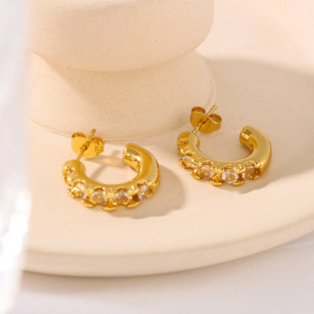 Geometric Stainless Steel Earrings with 18K Gold Plating and Cubic Zirconia Inlay for Women