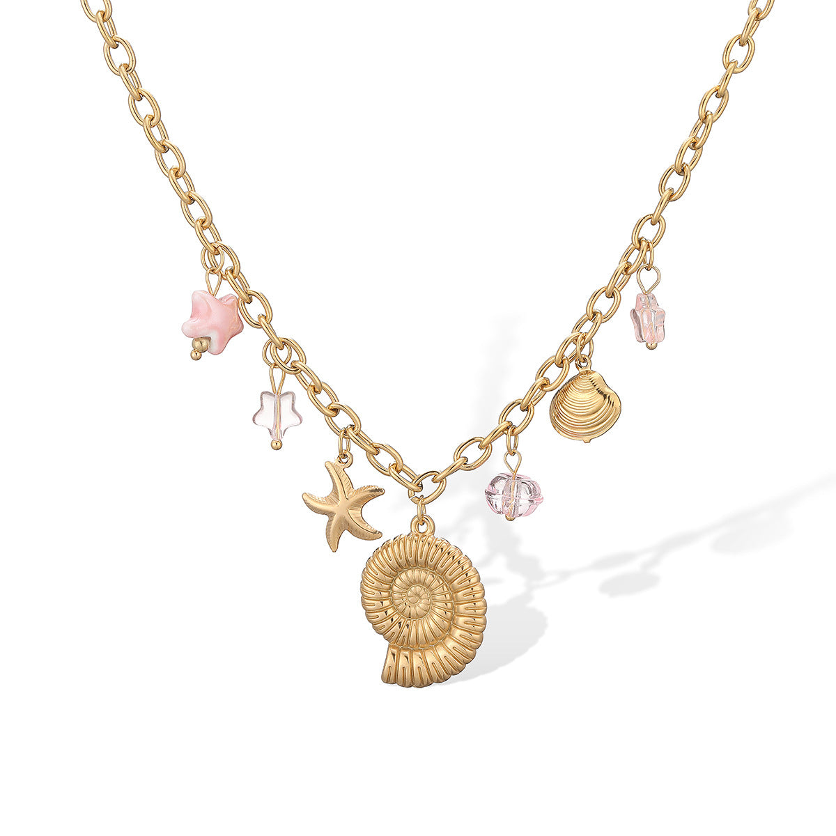 Minimalist Gold Plated Geometric Stainless Steel Shell Starfish Pendant Necklace for Women