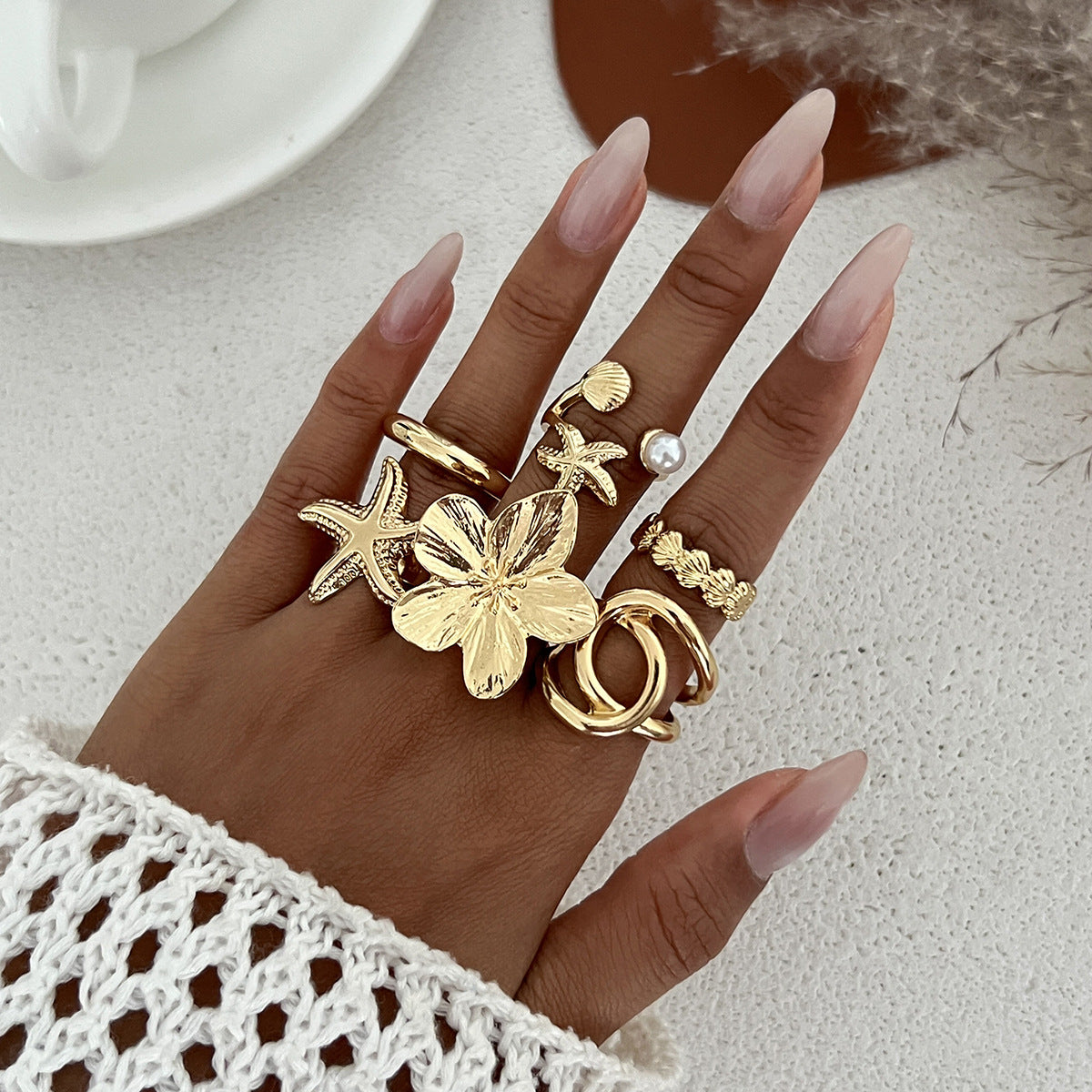 Anello aperto in lega vintage da donna con girasole geometrico e stella, con finitura placcata