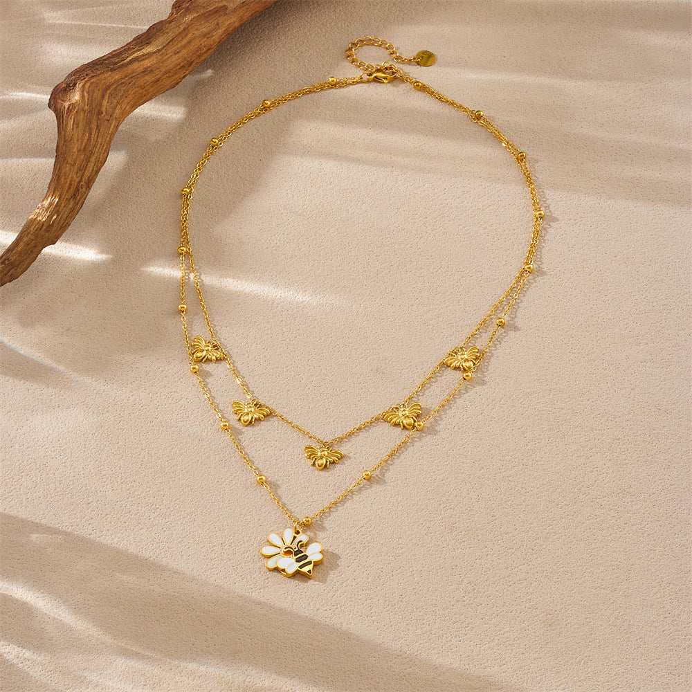 Sweet Drip Oil Floral and Bee Stainless Steel Layered Necklace for Women
