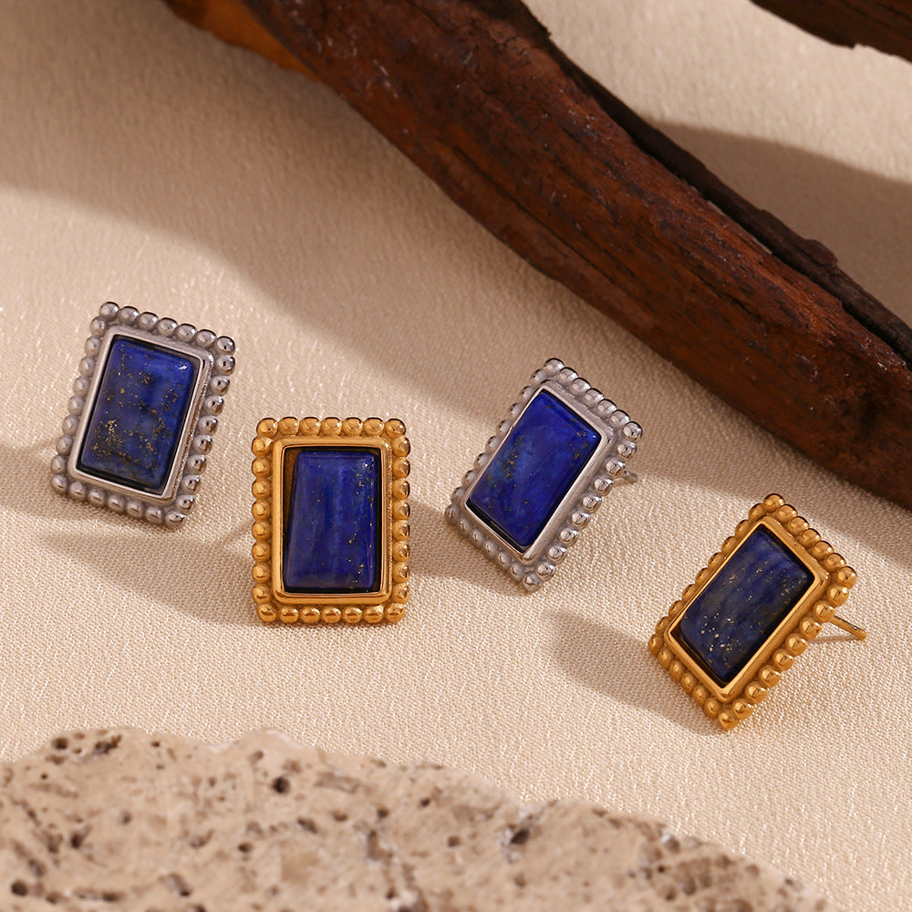 Vintage-Inspired Geometric Stainless Steel Earrings with 18K Gold Plating and Natural Lapis Lazuli Accents