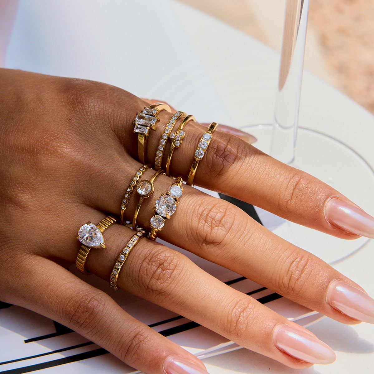 Geometric Stainless Steel Plated Ring with Zirconia for Women, Minimalist Luxury Fashion Accessory