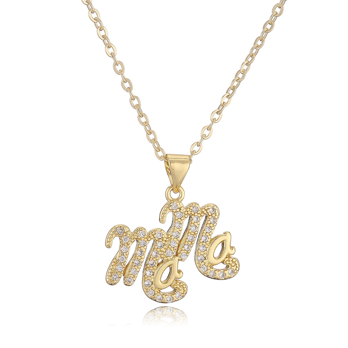 Collar con colgante MAMA geométrico minimalista para mujer con base de cobre y chapado en oro de 18 quilates, incrustaciones de diamantes de imitación