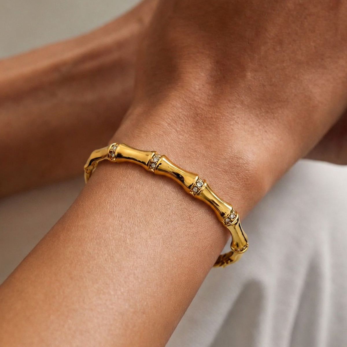 Hip-hop Luxury Geometric Rhinestone Inlaid Bamboo Joint PVD Stainless Steel Bracelet with OT Clasp