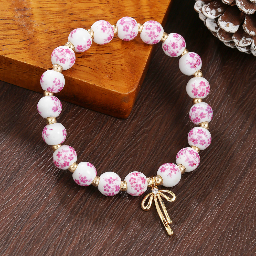 Geometric Round Ceramic Brass Cubic Zirconia Beaded Bracelet