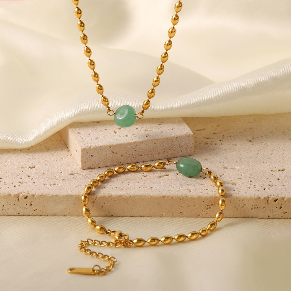 Retro French Style Geometric Green Natural Stone Bracelet and Necklace with Stainless Steel Chain and Gold Beads