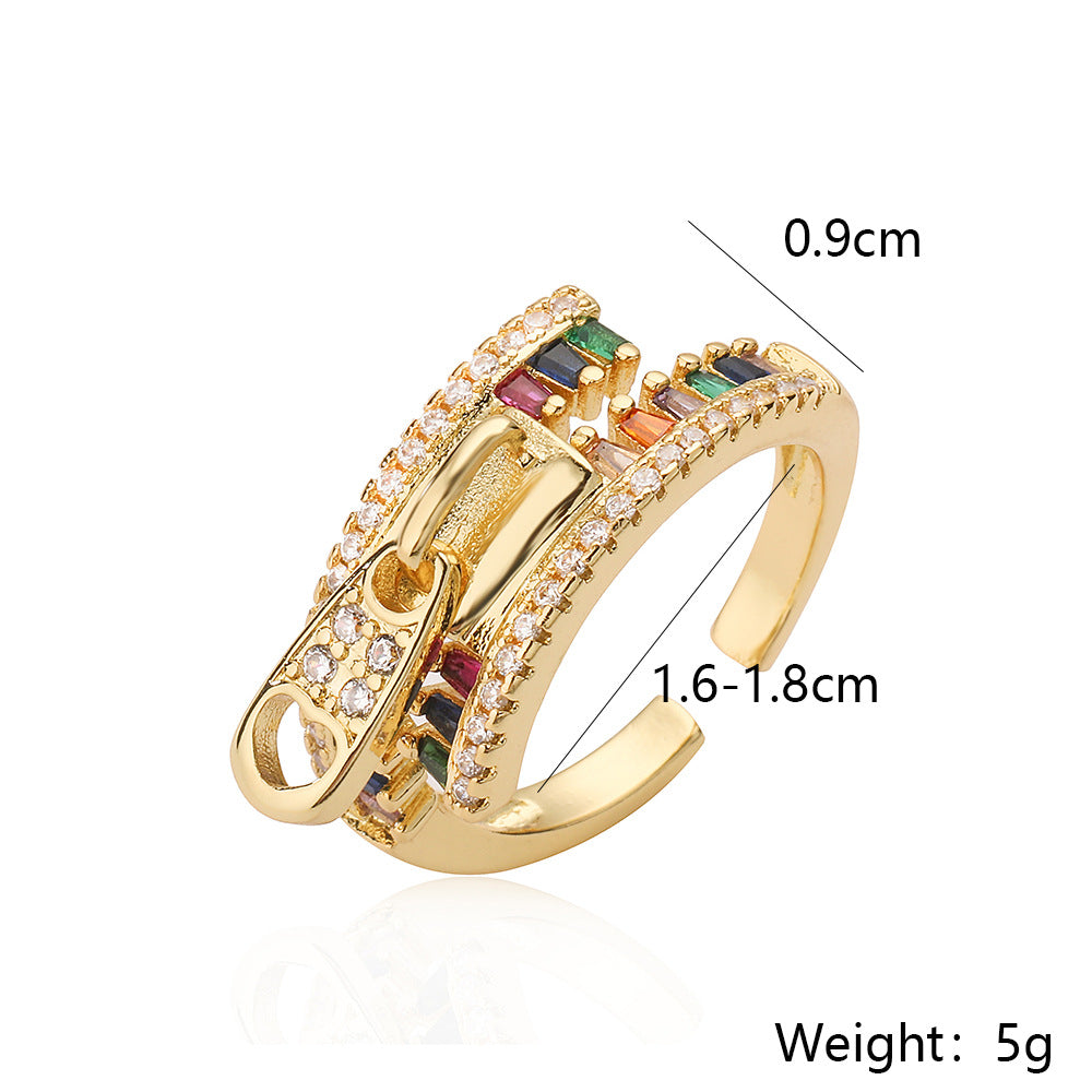Anello Aperto Geometrico Minimalista da Donna in Ottone con Placcatura in Oro 18K e Intarsio in Zircone