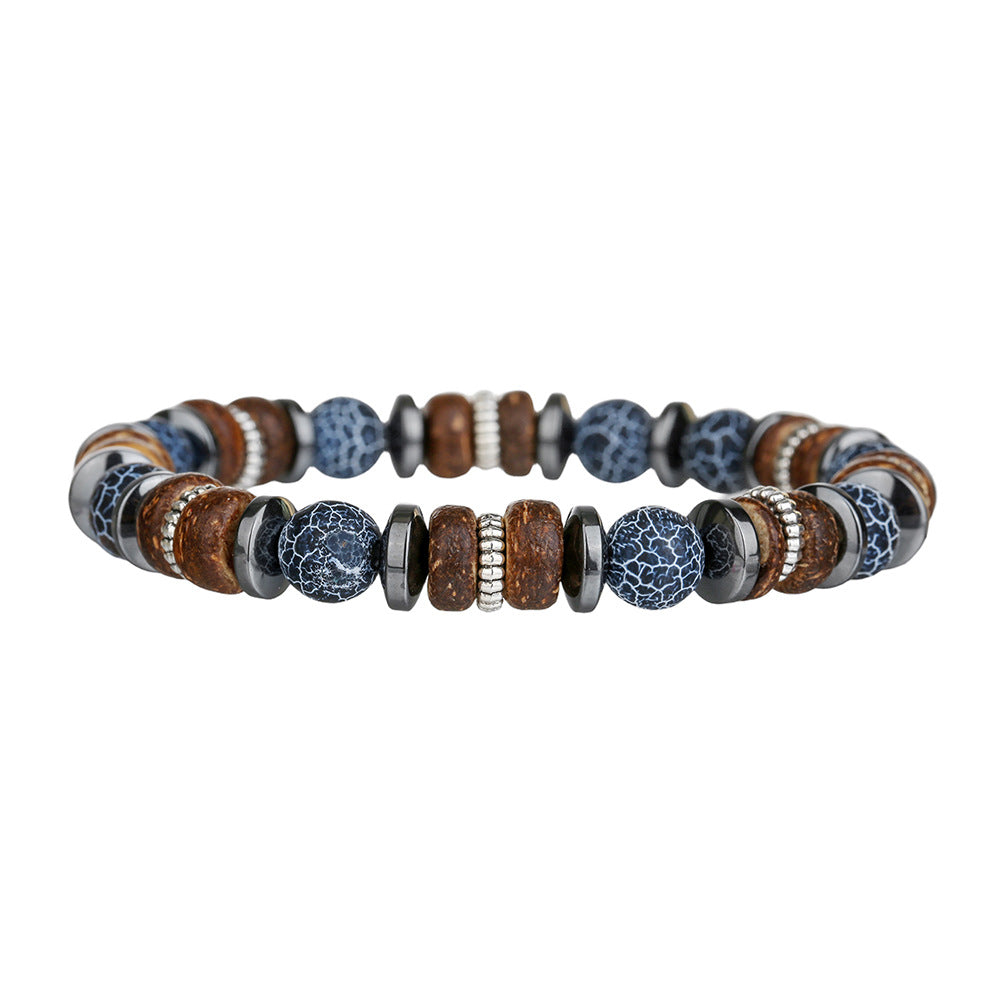 Men's Black Hematite and Wood Chip Beaded Stretch Bracelet