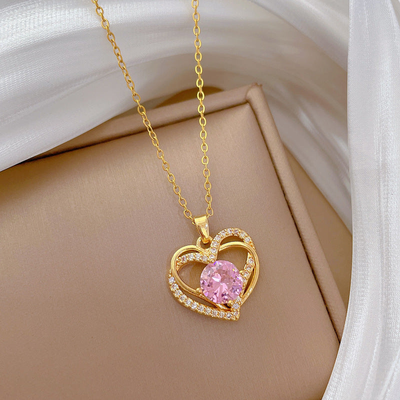 Pink Double-Layer Heart-Shaped Rhinestone Necklace for Women Stainless Steel Delicate Clavicle Chain