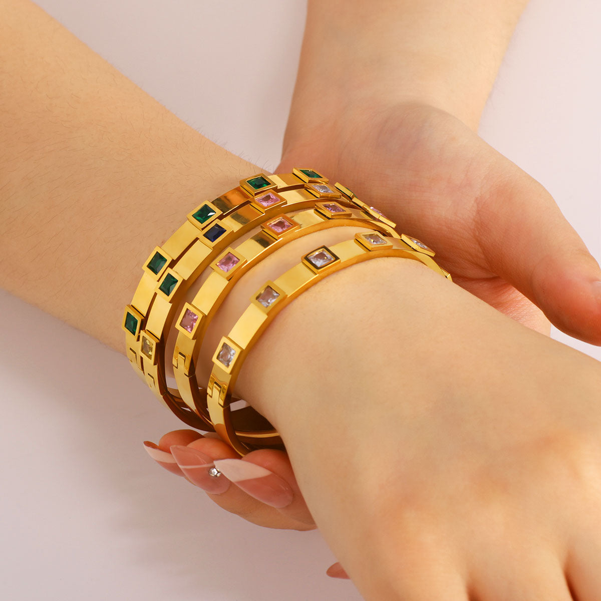Minimalist Geometric Square-Cut Rhinestone Titanium Steel Bracelet for Women with Polished Gold Plating