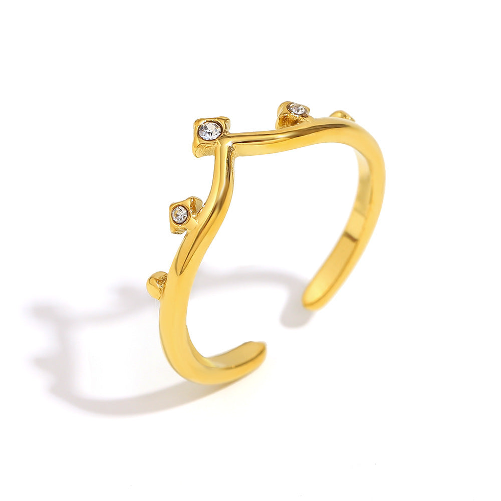 Vintage French-Inspired Geometric Stainless Steel Plated 18K Gold Crown Ring with Rhinestone Accents for Women