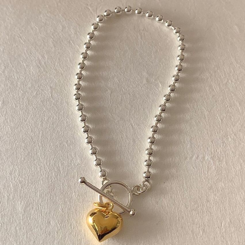 Bracciale Minimalista con Cuore in Argento Sterling S925 e Perline Rotonde Lisce