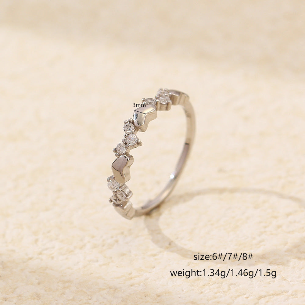 Anello in argento sterling S925 a forma di cuore, dolce e grintoso, con intarsi di strass, fascia fine minimalista da donna