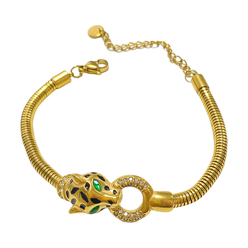 Leopard Print Geometric Animal Titanium Steel Rhinestone Plated Bracelet