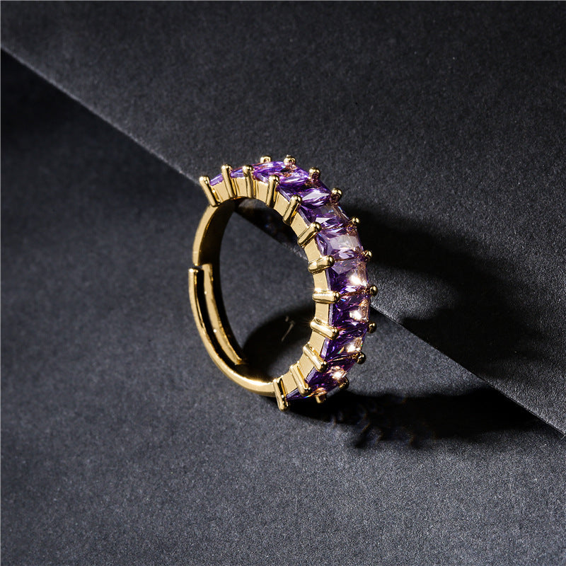 Anello in Rame con Forma Geometrica, Zirconi Micro-Incastonati, per Donna, con Fascia Aperta Regolabile Placcata Oro