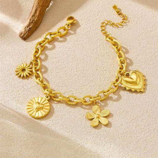 Chic Heavy-Duty Stainless Steel Gold-Plated Necklace Pendant with Heart and Floral Design for Women