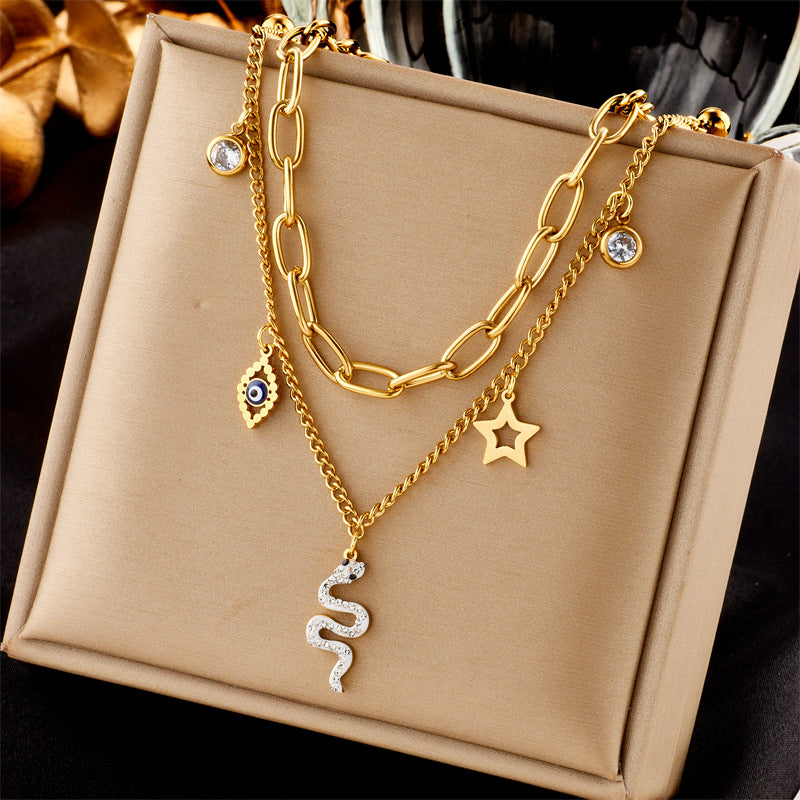 Collana Girocollo Minimalista in Acciaio Inossidabile con Ciondolo Rotondo a Perla e Charm a Forma di Occhio