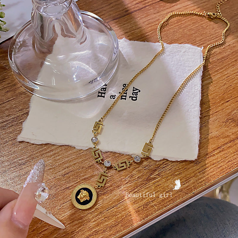Vintage Black Gold Plated Titanium Steel Necklace with Stainless Steel Pendant Cable Chain Unisex