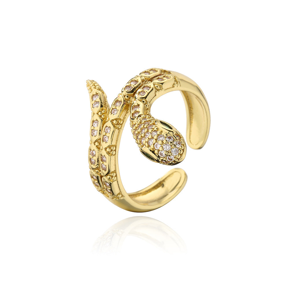 Fashionable Snake-Shaped Geometric Ring for Women Made of Brass with Real Gold Plating and Micro-Pavé Zirconia