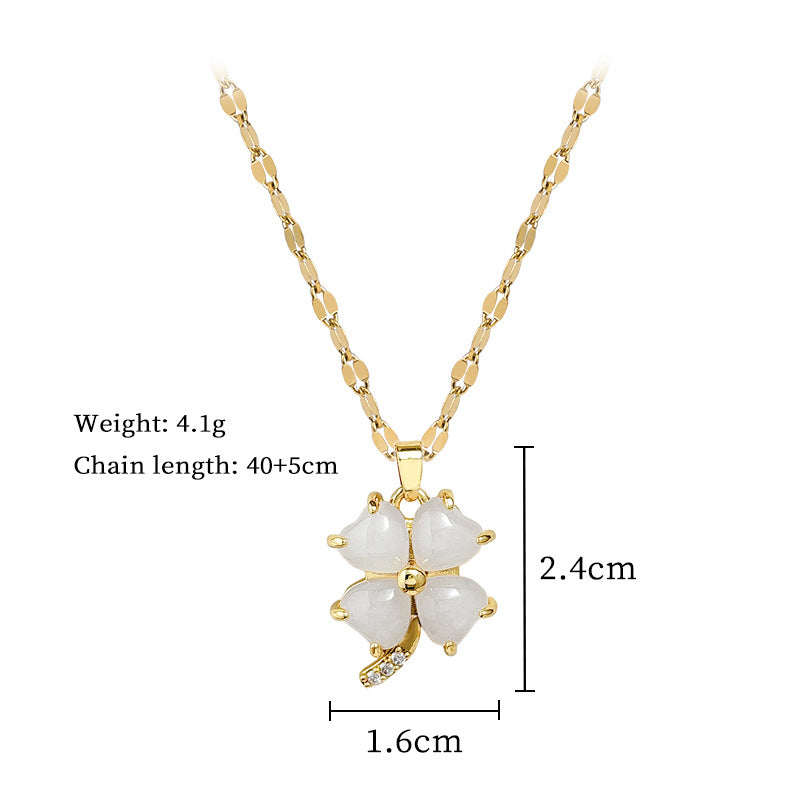 Lucky Clover Pendant Necklace for Women Stainless Steel Geometric Design with Rhinestone Inlay Elegant Clavicle Chain