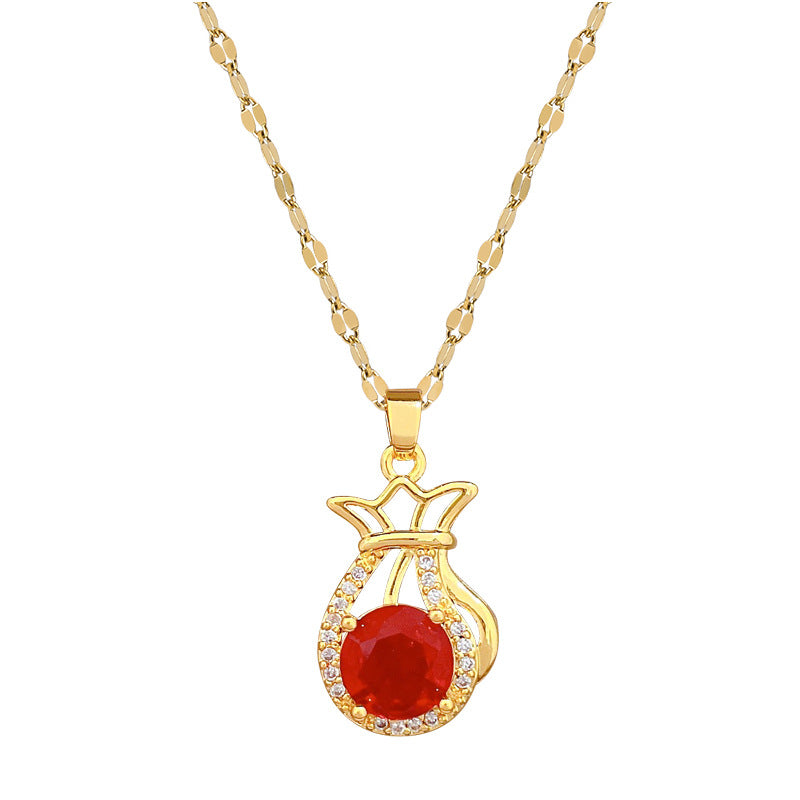 Sweet Luxury Geometric Red Lucky Bag Rhinestone Pendant Necklace Titanium Steel Cable Chain for Unisex