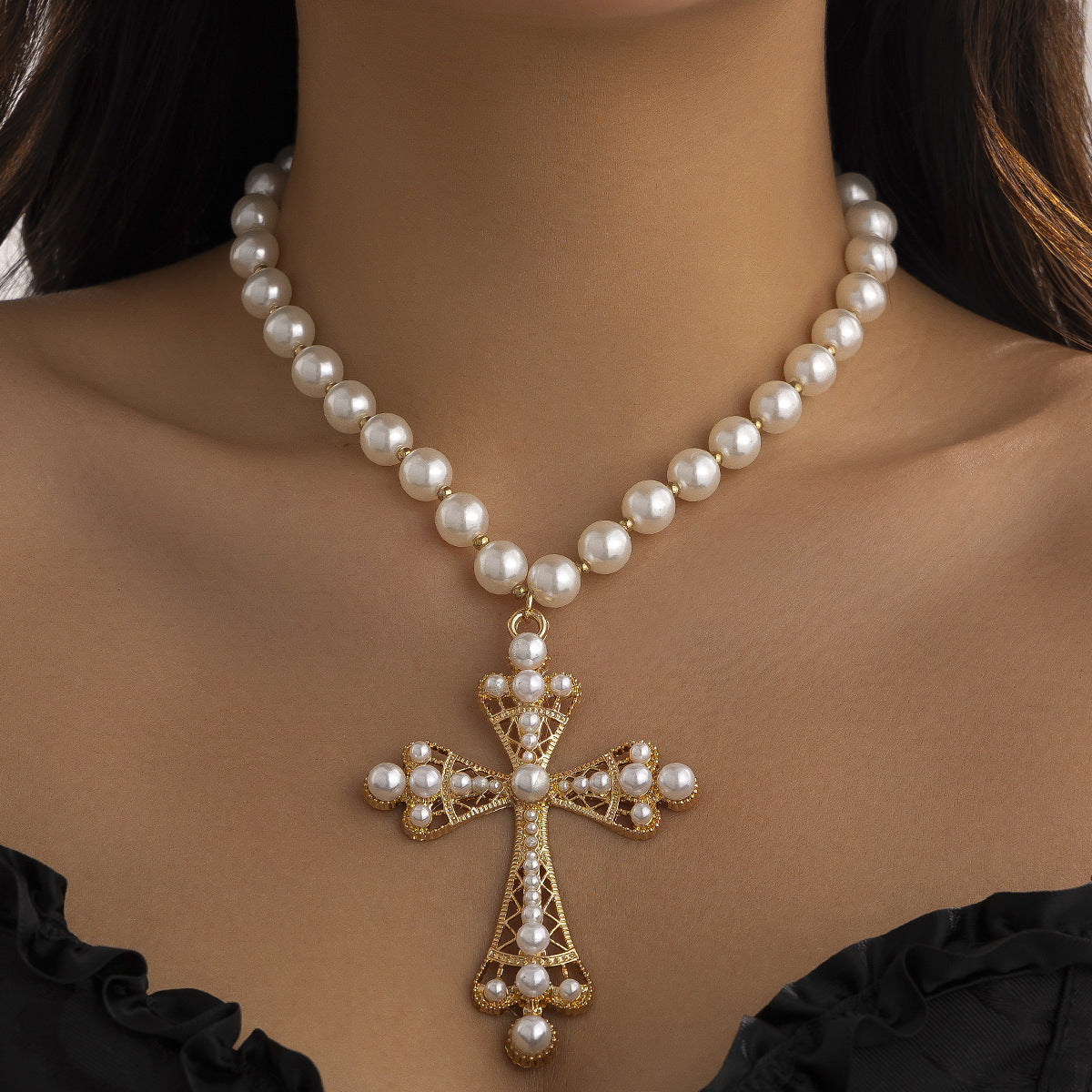 Fashion Geometric Cross Rhinestone Inlay Zinc Alloy Multi-Layer Ball Chain Necklace for Women