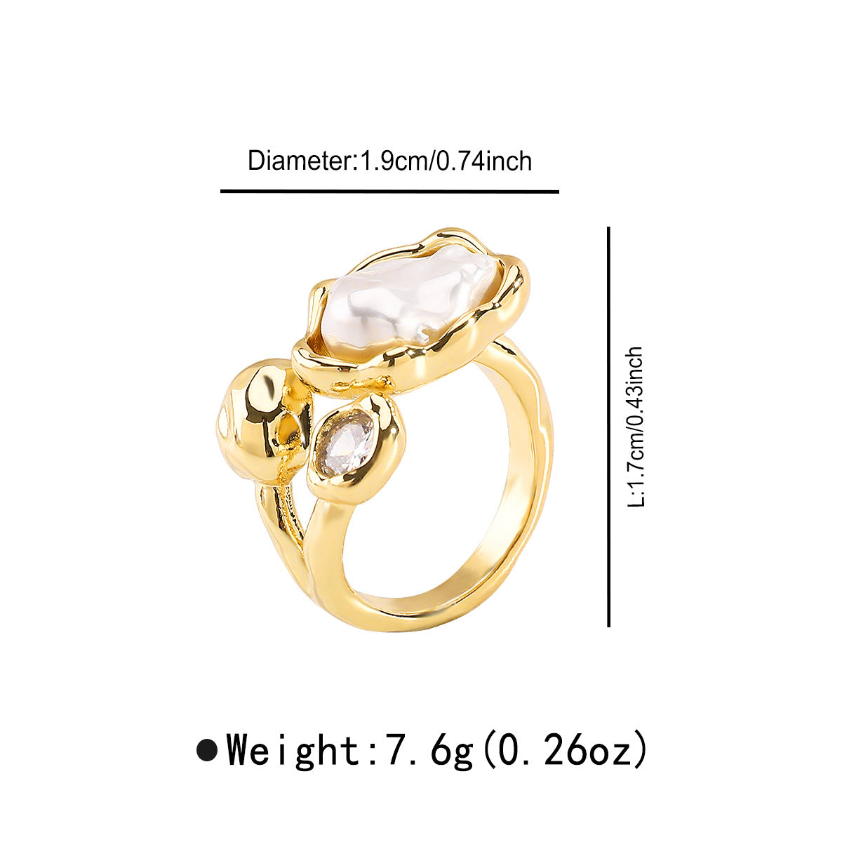 Anello da donna in perle geometriche di ispirazione barocca con base in rame e intarsio in zirconi, fascia elettroplaccata vintage chic