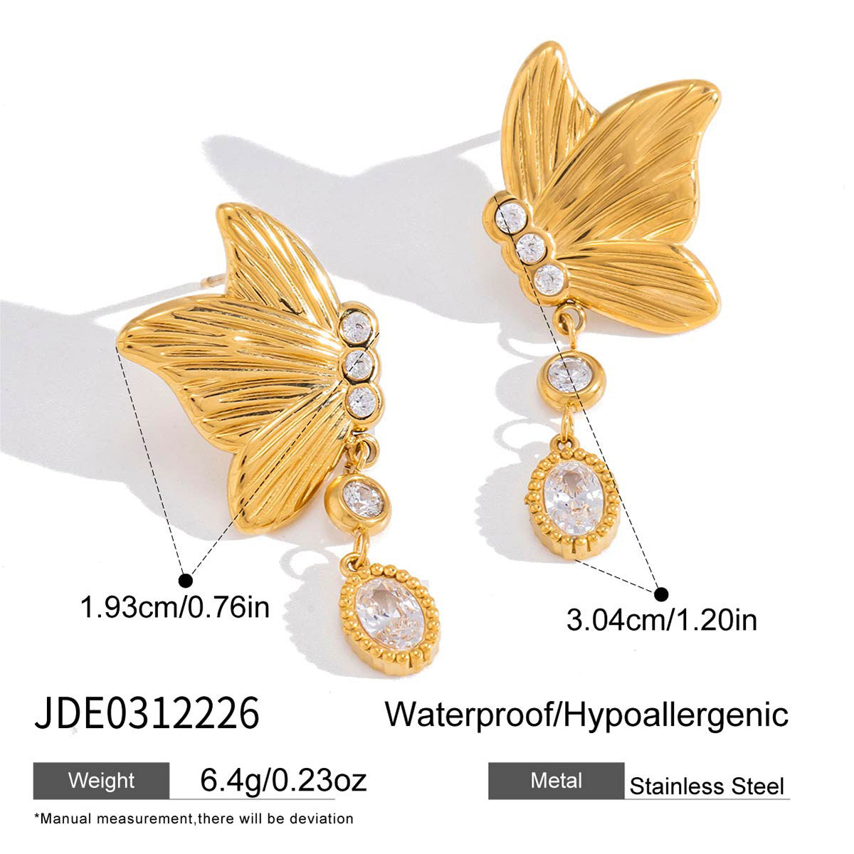 Minimalist Elegant Butterfly Cubic Zirconia Inlay PVD Stainless Steel Earrings for Women