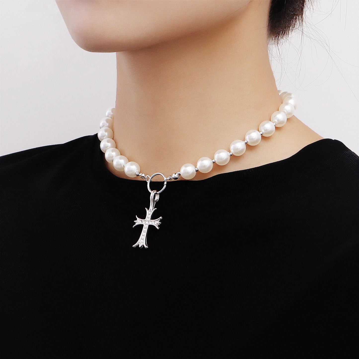 Geometric Cross Pendant Necklace with Rhinestone Inlay and Pearl Chain in Alloy, Plated Finish, Women's Clavicle Chain