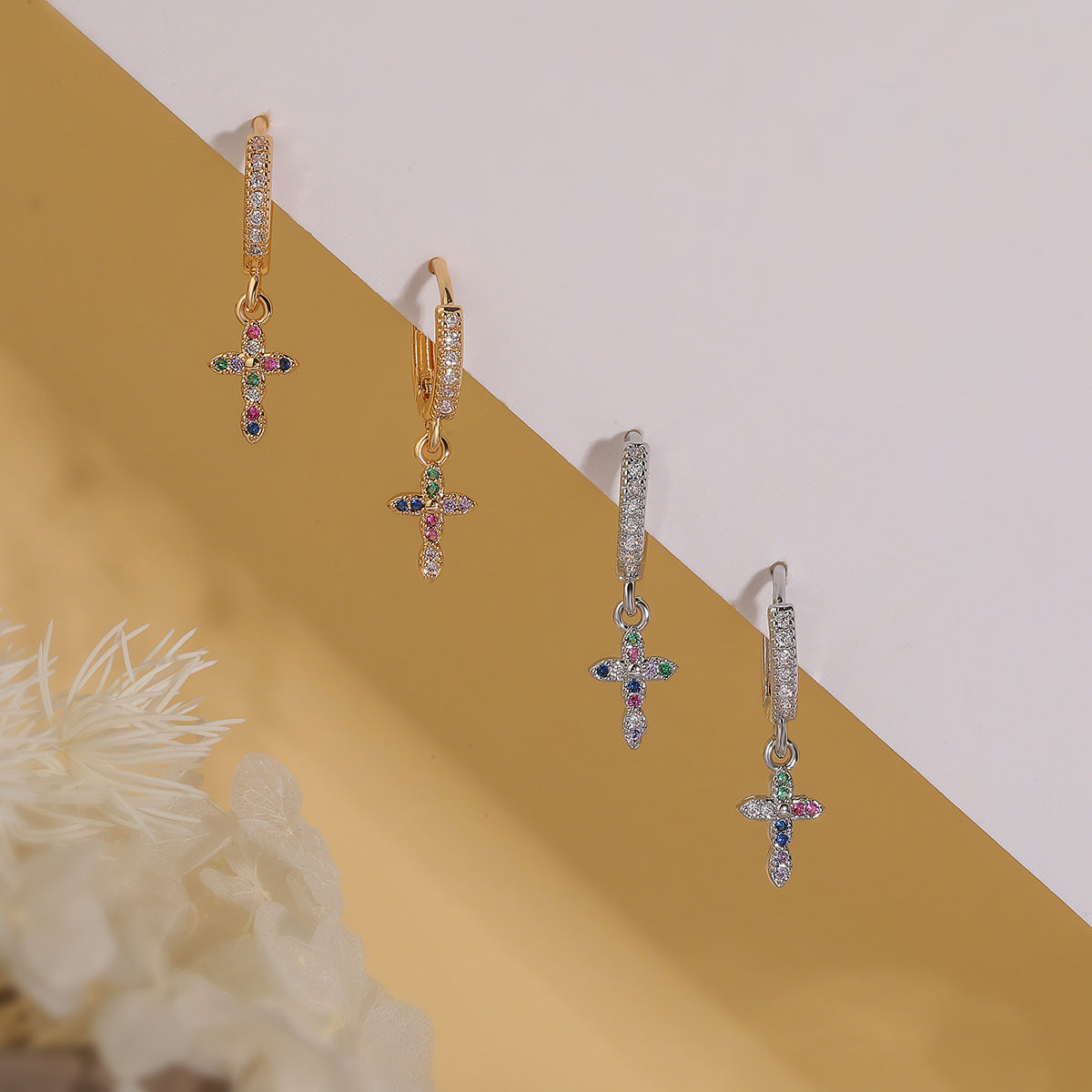 Minimalist Cross Pendant Earrings for Women Made of Brass with Real Gold Plating and Zircon Inlay