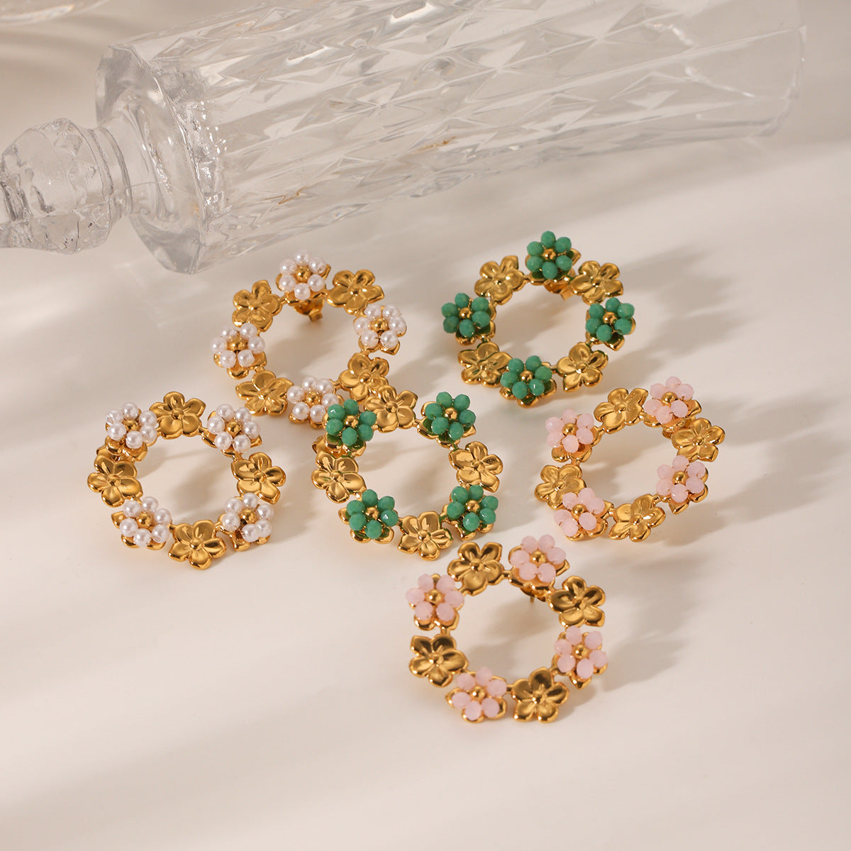 Floral Pearl Stud Earrings with Stainless Steel Hoop and 18K Gold Plating for Women