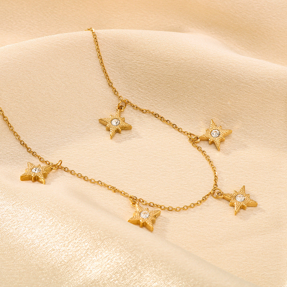 Elegant Geometric Eight-Pointed Star Rhinestone Pendant Necklace in Stainless Steel with 18K Gold Plating for Women
