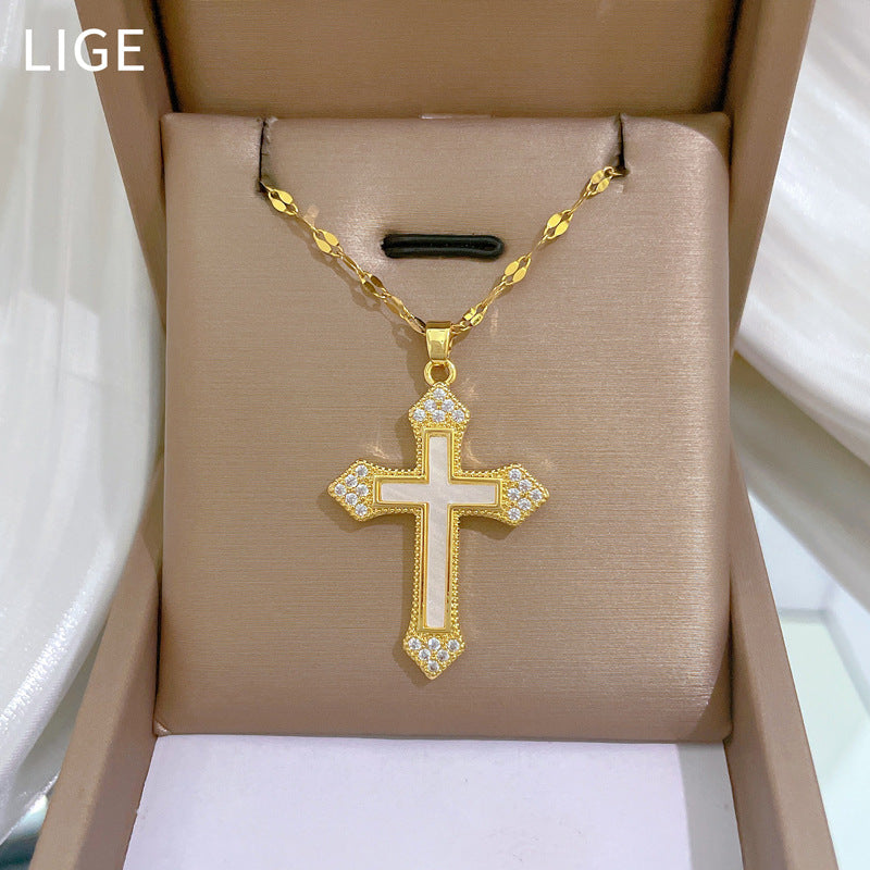 Luxury Titanium Steel Seashell Cross Pendant Necklace for Women with Rhinestone Inlay, Geometric Design, Delicate Clavicle Chain