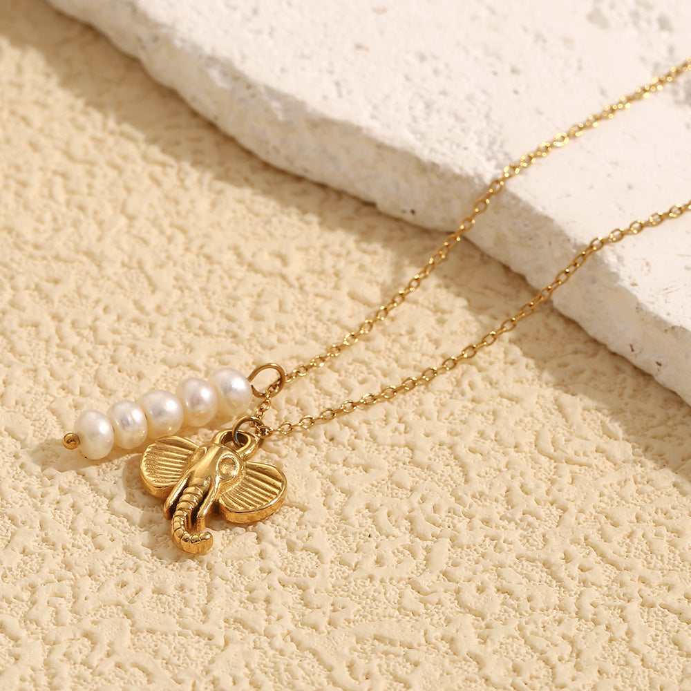 Vintage Creative Elephant Pendant Necklace for Women in Stainless Steel with 18K Gold Plating and Pearl Accents