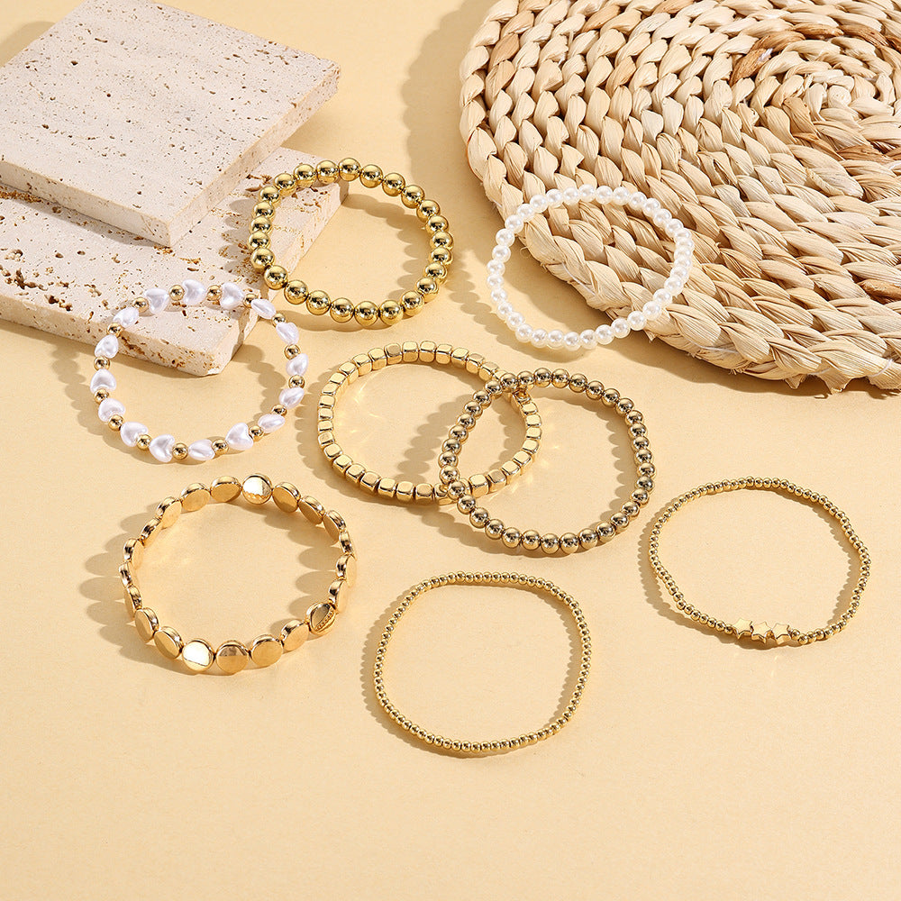 Bohemian Women's Multi-Layer Geometric Round Brass Bead Imitation Pearl Bracelet Set