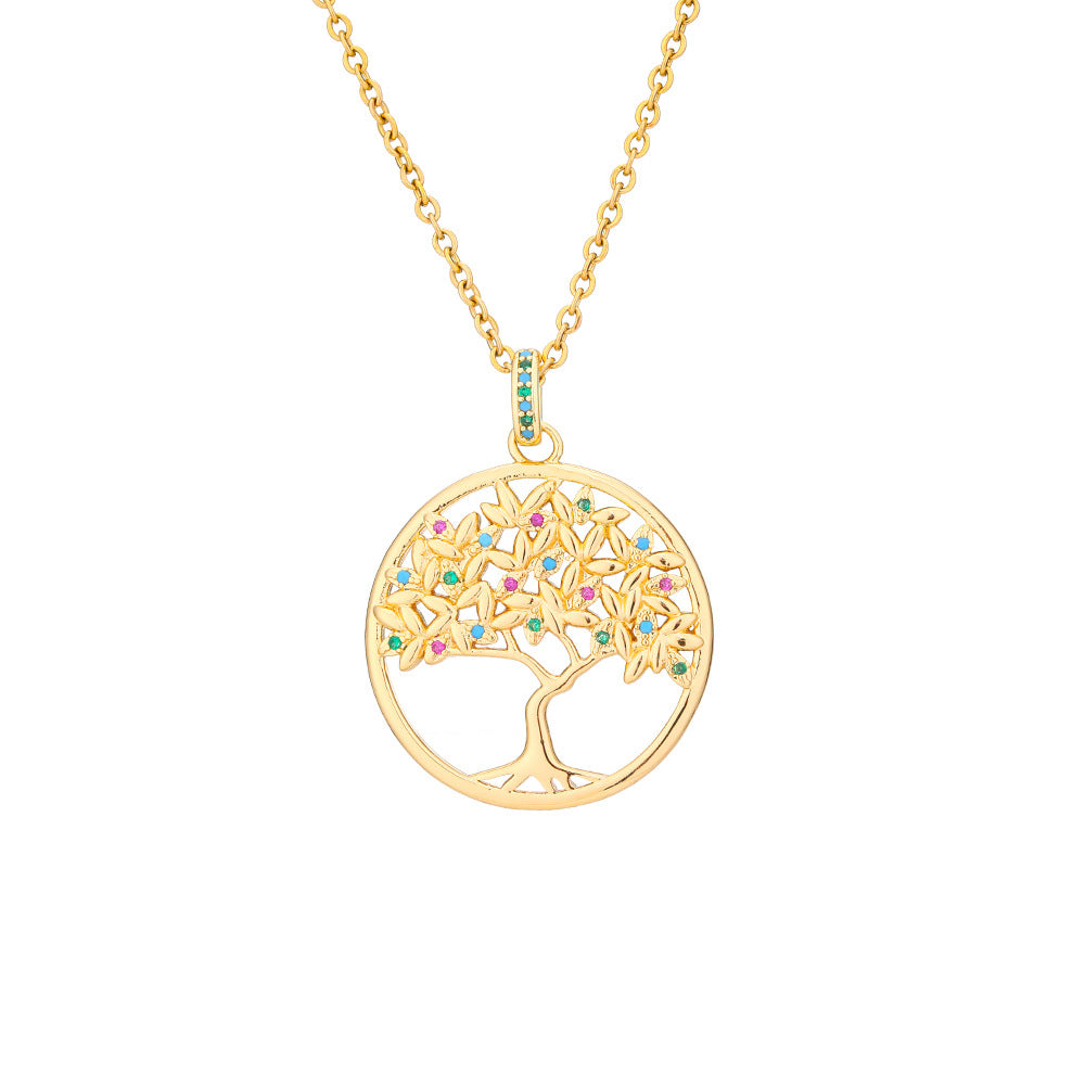 Collar con Colgante Minimalista Árbol de la Vida para Mujer en Cobre con Incrustaciones de Circones y Cadena O de Acero Inoxidable con Baño al Vacío