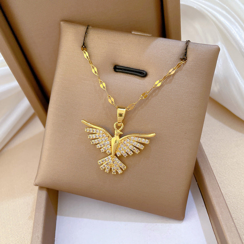 Sweet Geometric Phoenix Titanium Steel Necklace with Brass Pendant for Women