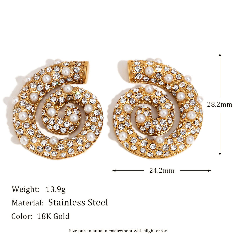 Minimalist Geometric Stainless Steel Earrings with 18K Gold Plating, Luxury Pearl and Zircon Inlay, Conch-Shaped Studs for Women