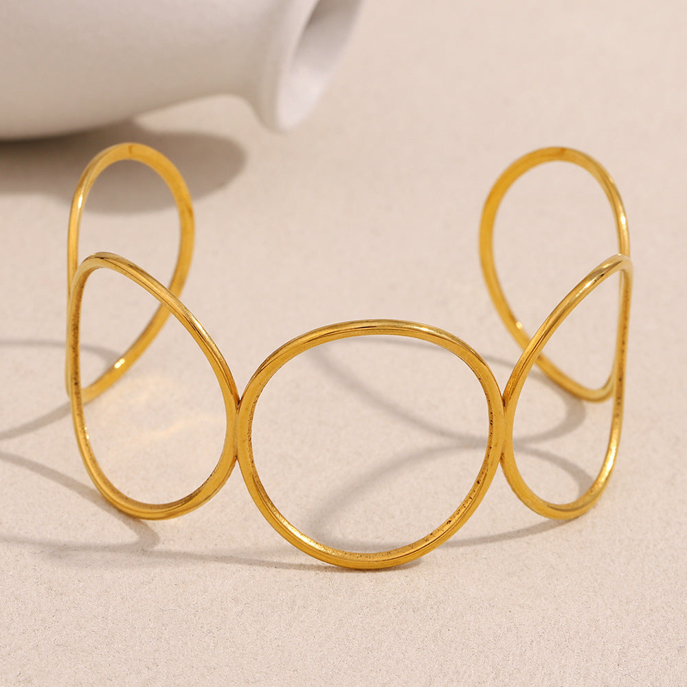 Minimalist Geometric Stainless Steel Bracelet with 18K Gold Plating, Lightweight Luxury Circle Cuff for Women
