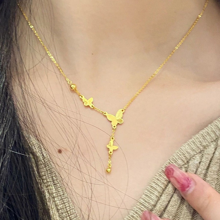 Original Design 18K Gold Plated Titanium Steel Butterfly Tassel Necklace Unisex O-Chain Pendant