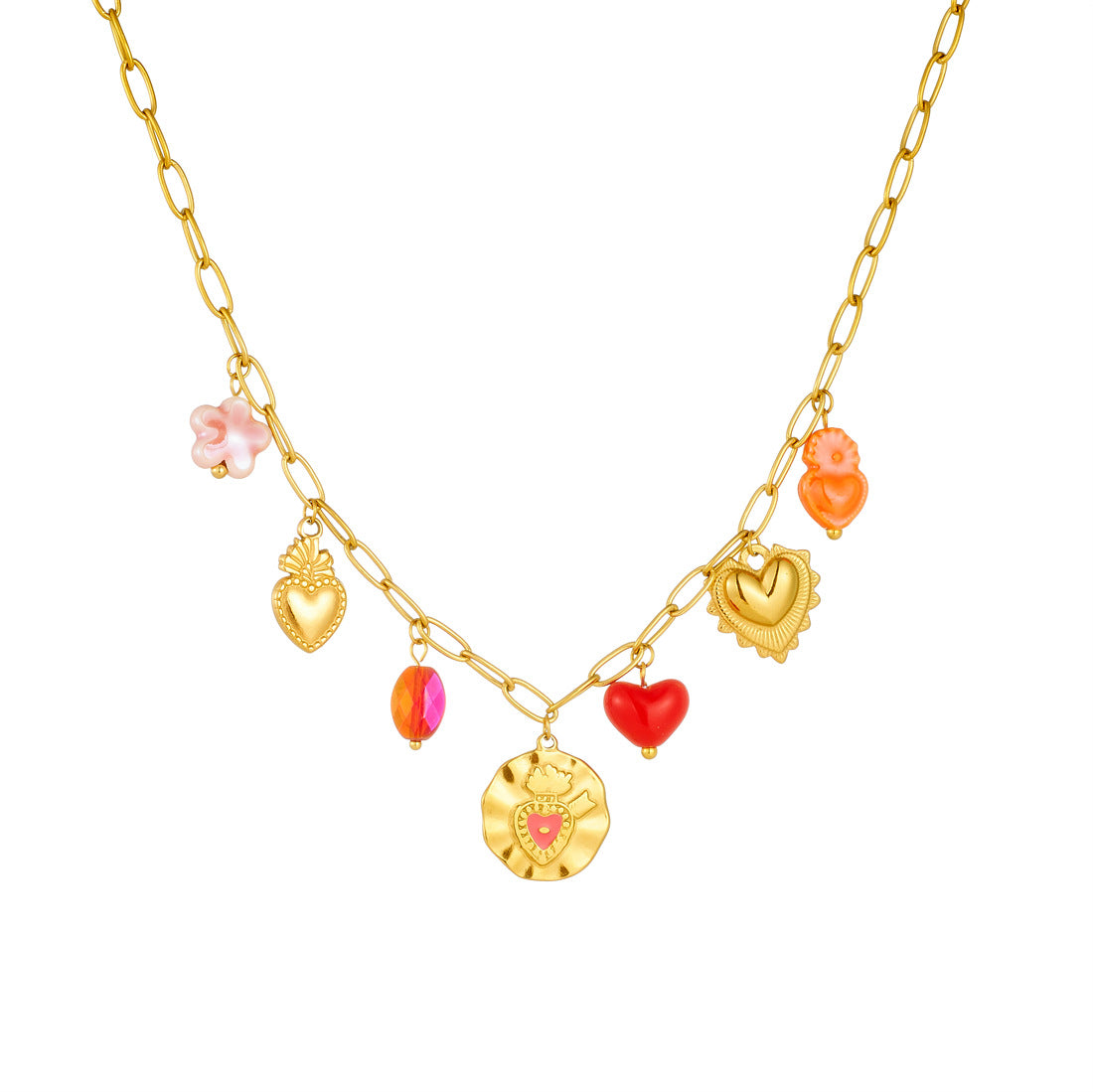 Sweet Gold Plated Drip Oil Round Heart Flower Stainless Steel Necklace and Bracelet Set with Serpentine Chain for Women