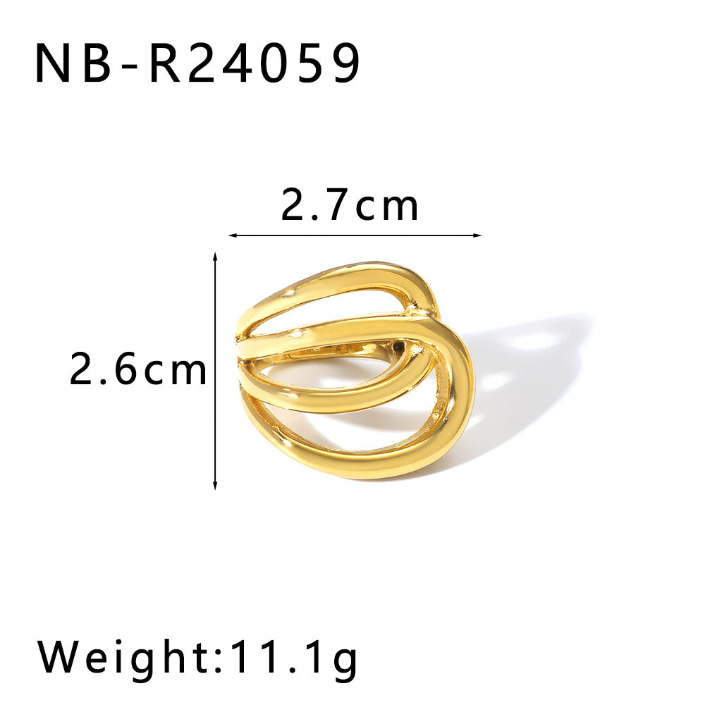 Anello Geometrico Intagliato in Acciaio al Titanio con Linee Accentate Placcate Oro 18K per Unisex