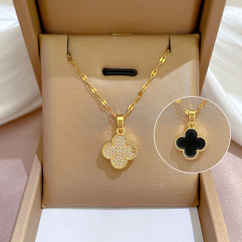 Minimalist Geometric Titanium Steel Clavicle Chain with Rhinestone Inlay and Copper Pendant