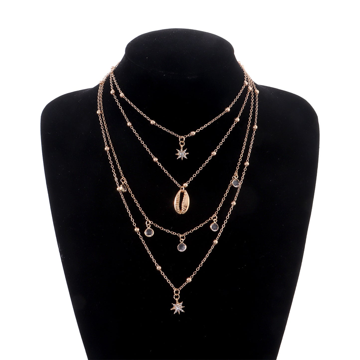 Retro Hip-Hop Multi-Layer Star of David Pendant Necklace for Women with Rhinestone Inlay and Alloy Base in Polished Gold-Plated Finish